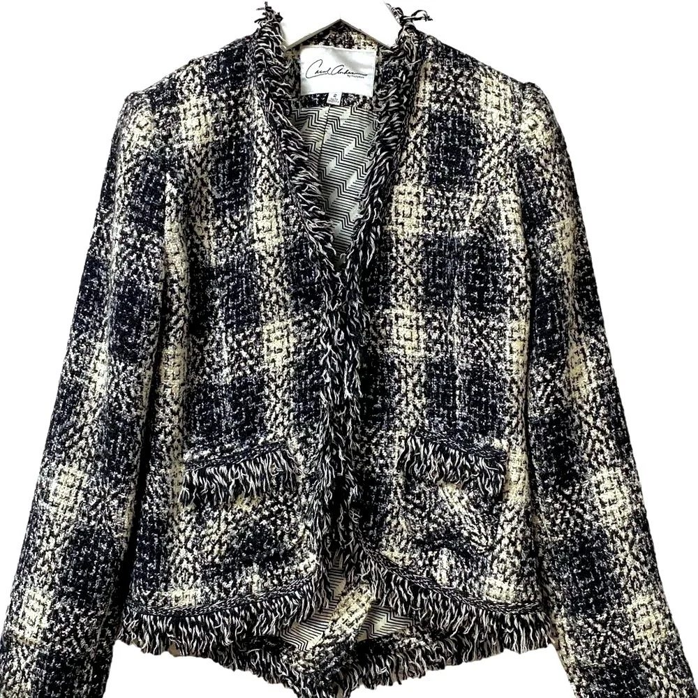 CAROL ANDERSON Tweed Fringe Blazer Size 2 Luxury Jacket Black Cream